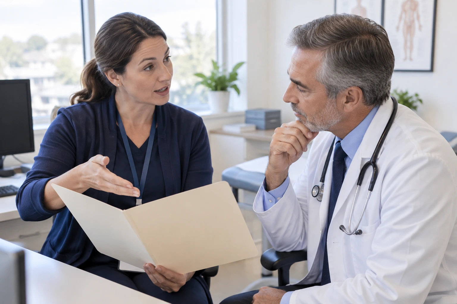 Home health liaison explaining referral criteria to a physician