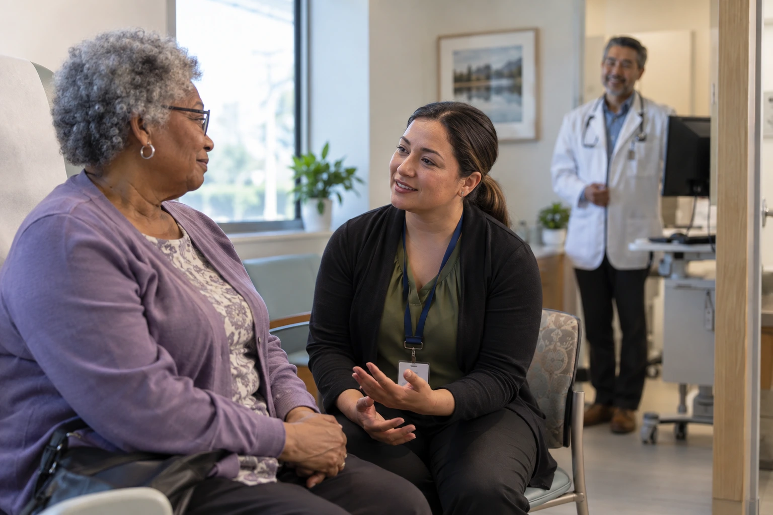 Care coordinator explaining the next step to an older patient in a clinic