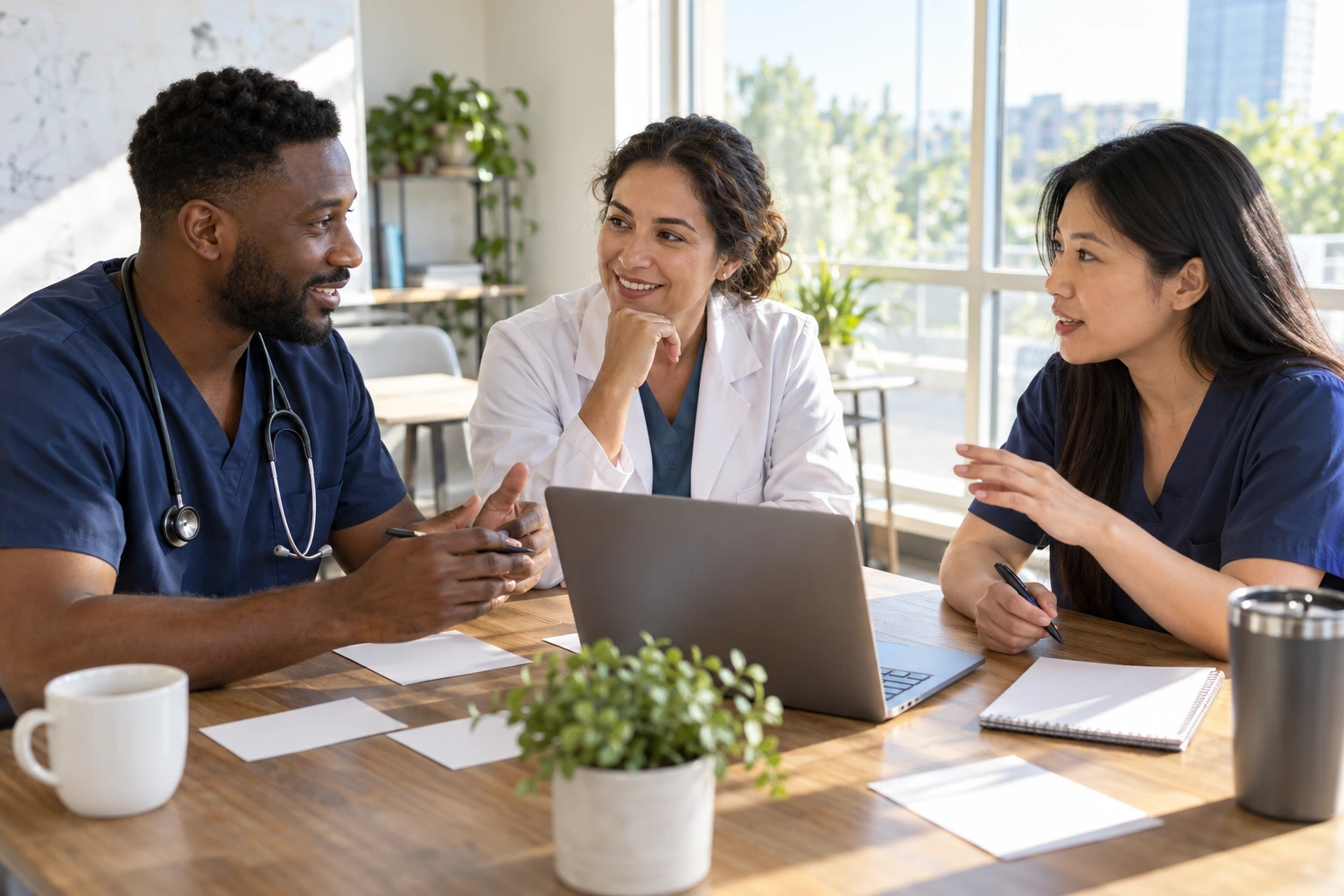 Healthcare professionals planning referral partner outreach together