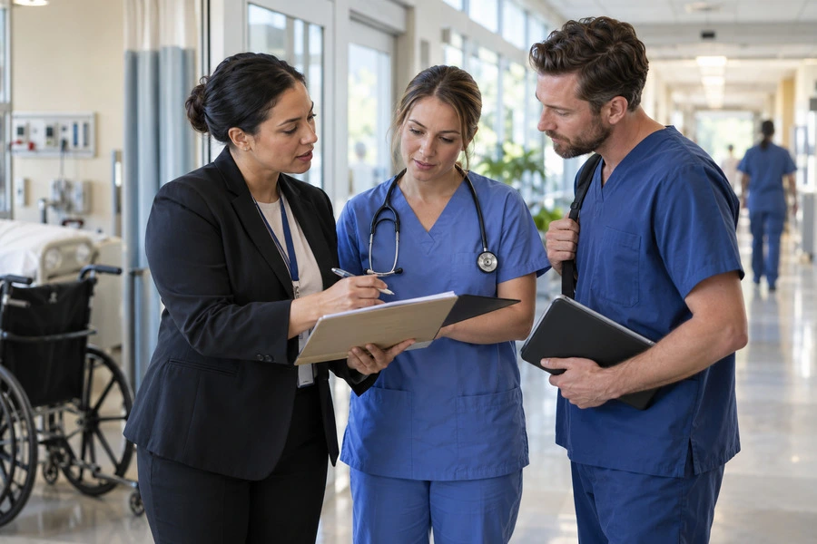 Hospital discharge team discussing home health referral services