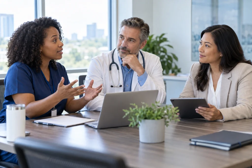 Referral Networks Healthcare professionals discussing a patient referral network in a clinic meeting